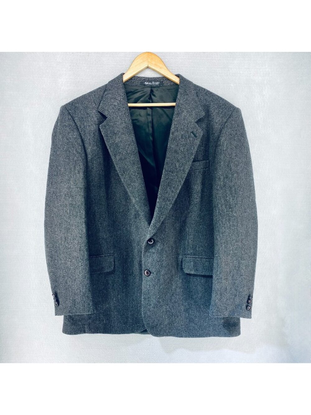 Vintage 90s Blazer Mens 44L Gray Wool Herringbone Sport Coat Jacket Wedding
